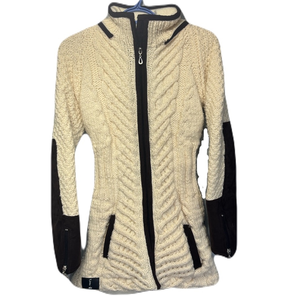Urku Jacket Women S Chunky Knit Sheep Wool Ribbed Fleece Lined Hooded Handmade